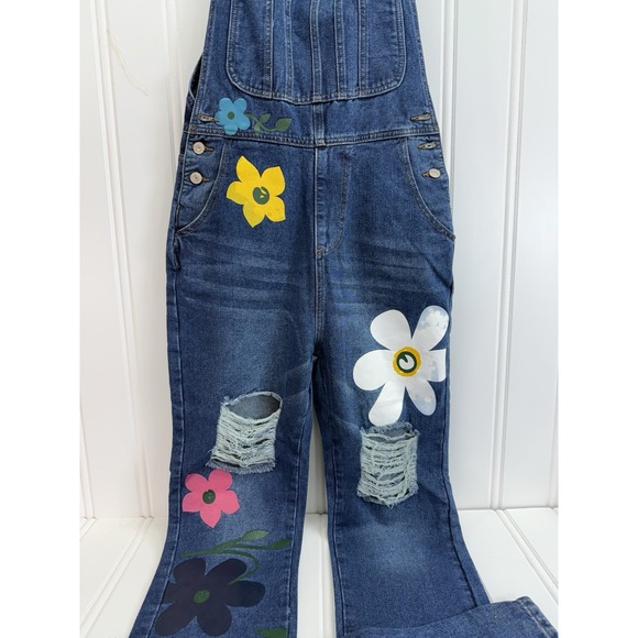 Women's Distressed Denim Overalls Floral Hand Painted Print Retro Y2K Sz Small - Picture 5 of 15